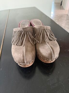 Fringe Suede Clog Mules in Taupe - Women